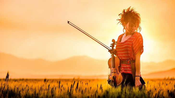 Lindsey Stirling, women, violin, musician, women outdoors, field, HD wallpaper