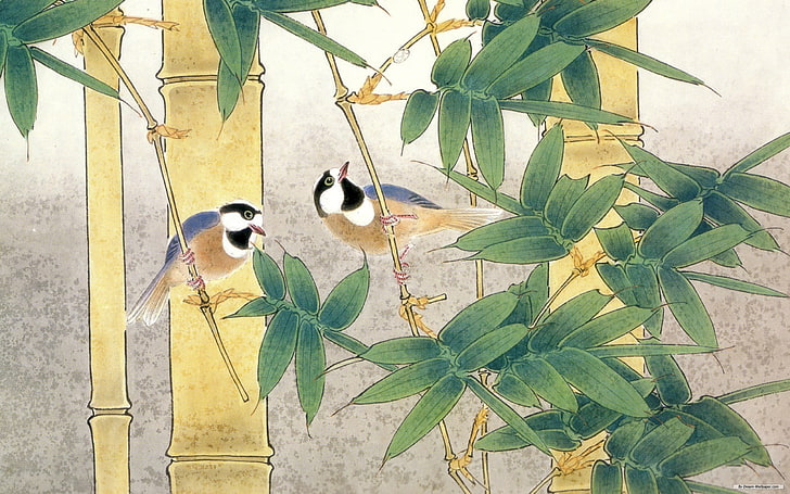 green bamboo tree and two birds painting, nature, plant part