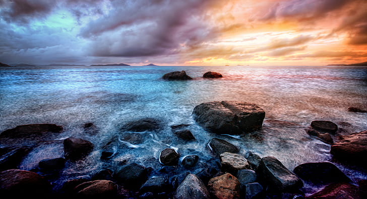 landscape painting of beach side, Instagram, Photo, sea, sunset, HD wallpaper
