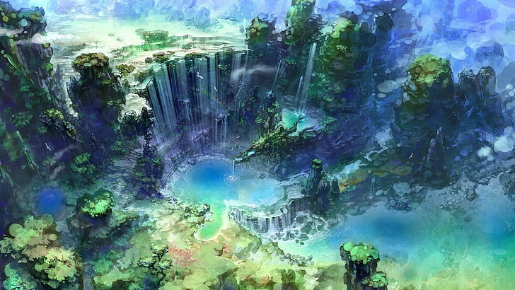 aerial painting of cliffs and body of water, artwork, fantasy art