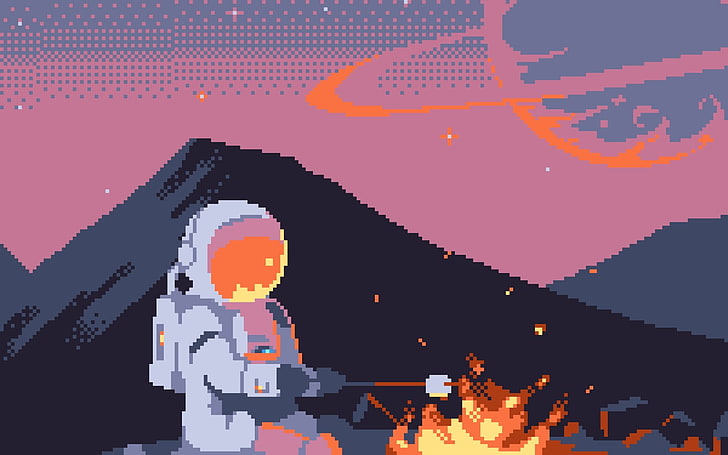 astronaut grilling marshmallow artwork, pixelated, pixel art, HD wallpaper