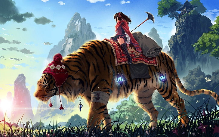 tiger, anime girls, China, fantasy art, original characters, HD wallpaper