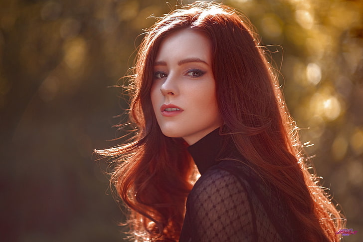 women's black lace turtleneck top, redhead, long hair, brown eyes, HD wallpaper