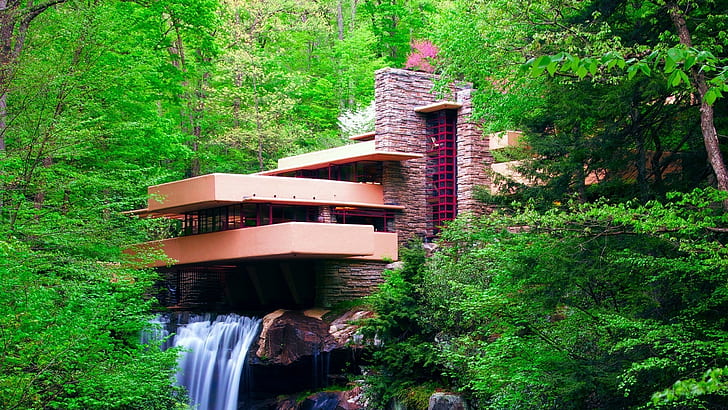 nature landscape waterfall long exposure frank lloyd wright trees forest falling water architecture house pennsylvania usa leaves modern rock, HD wallpaper