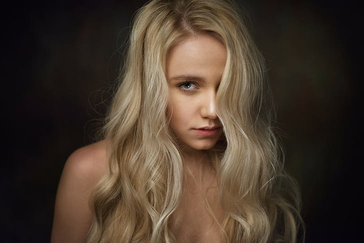 women, hair in face, blue eyes, wavy hair, bare shoulders, Maxim Maksimov, HD wallpaper