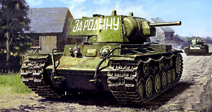 green tank, road, street, figure, art, Soviet, KV-1, heavy tank, HD wallpaper