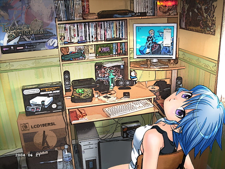 HD wallpaper: blue-haired female anime character digital wallpaper, 