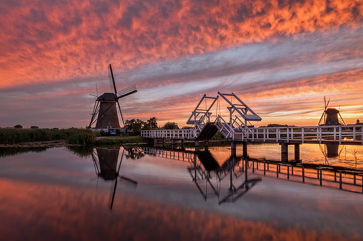 the evening, mill, Netherlands, Holland, Kinderdijk