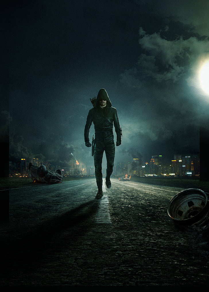 man wearing green hoodie during night time, Green Arrow, Oliver Queen