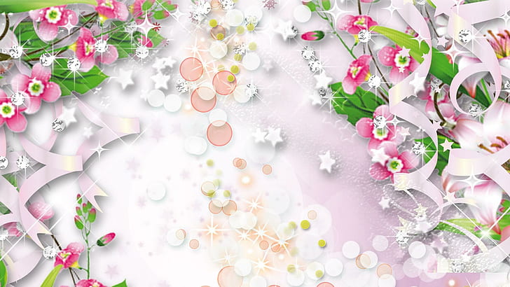 Ribbons Sparkles, gems, nature, diamonds, fleurs, flowers, abstract, HD wallpaper