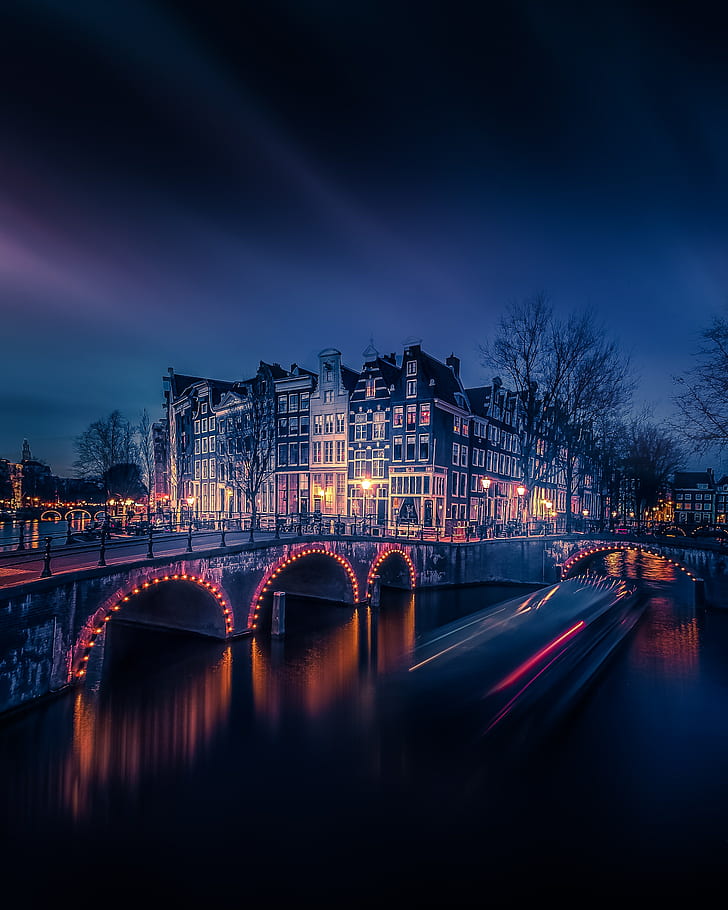 Buildings, City night, Lights, Amsterdam, Reflections, Cityscape, HD wallpaper