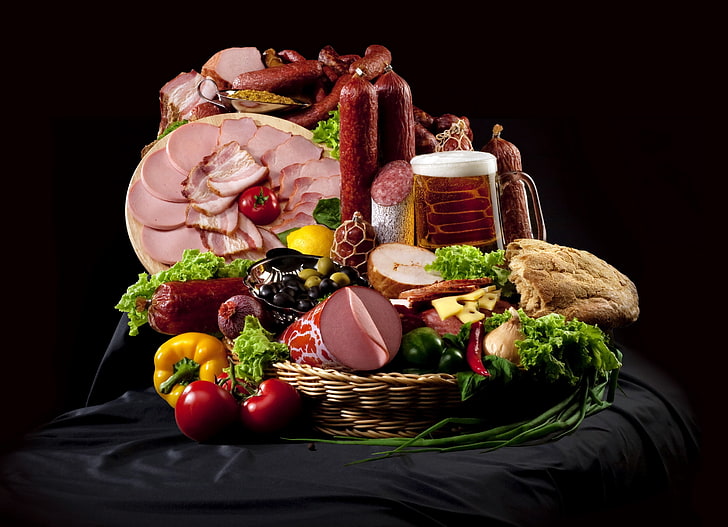 slice of ham and vegetables, meat, sausage, still life, food, HD wallpaper