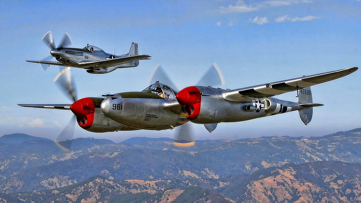 A Cool Pair P 38 P 51, lockheed, mustang, american, wwii, classic
