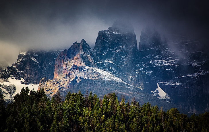 nature, landscape, mountains, forest, snow, storm, dark, clouds, HD wallpaper