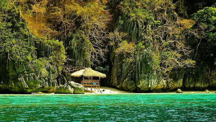 Hidden Cove In Palawan Philippines, beach, jungle, green sea, HD wallpaper