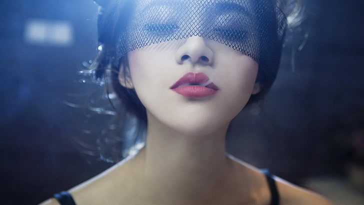 women's black veil, lips, smoke, blurred, closed eyes, face, portrait