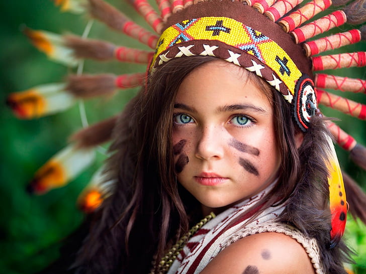 native American girl costume, face paint, children, headdress