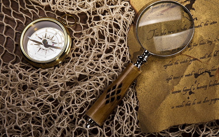 brown handled magnifying glass, net, compass, string, paper, direction, HD wallpaper