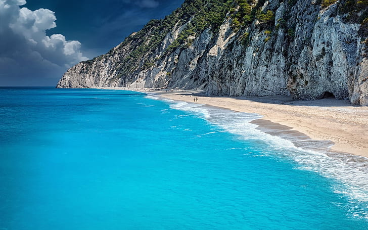 Blue sea, beach, ocean, coast, cliff, HD wallpaper