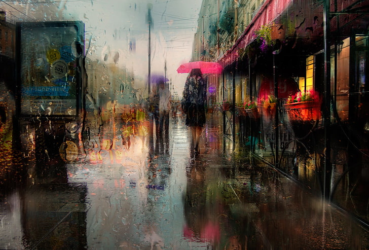 St. Petersburg, rain, urban, water drops, street, reflection, HD wallpaper