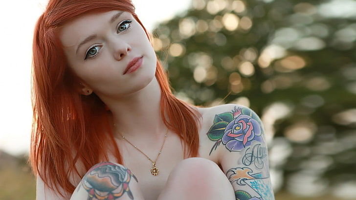 gold-colored chain link necklace, Lass Suicide, redhead, women, HD wallpaper