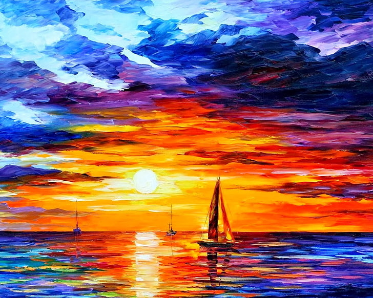 painting of multicolored sailboat on body of water during sunset
