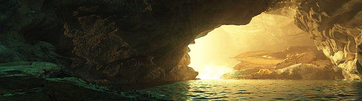 brown ocean cave, fantasy art, dragon, water, sea, rock, beauty in nature, HD wallpaper