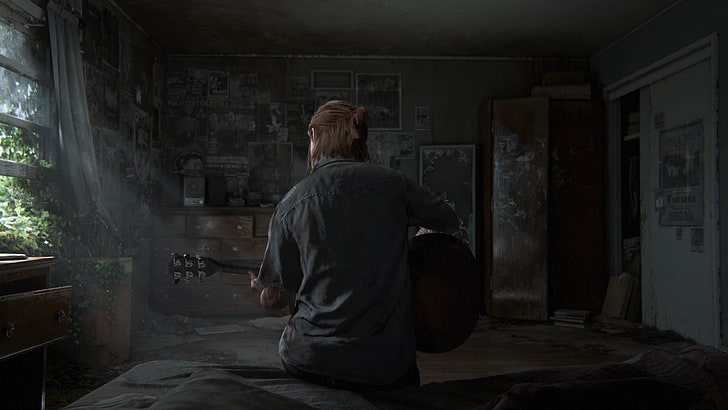 man playing classical guitar inside room, The Last of Us, Joel