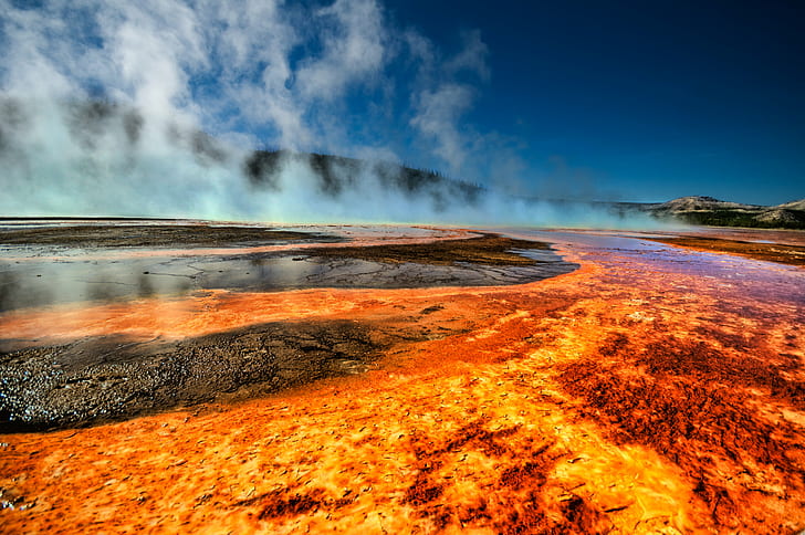 landscape photography of volcano, Fire River, Yellowstone, hot Spring, HD wallpaper