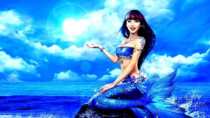 HD wallpaper: blue mermaid, sea, girl