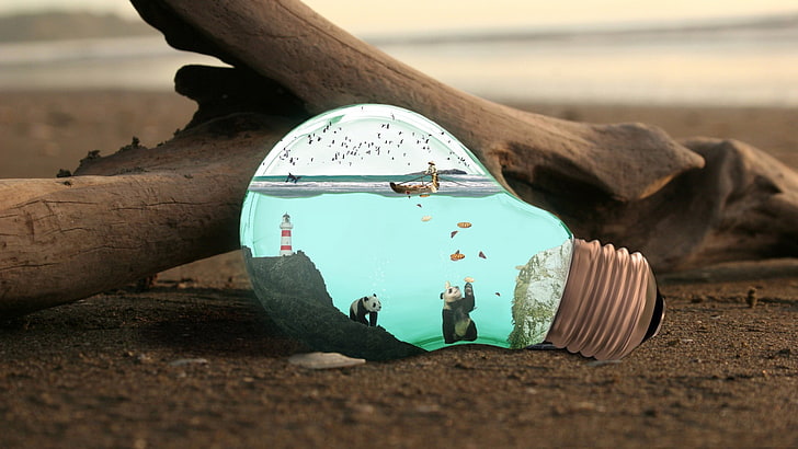 glass light bulb, digital art, panda, wood, lighthouse, sea, land