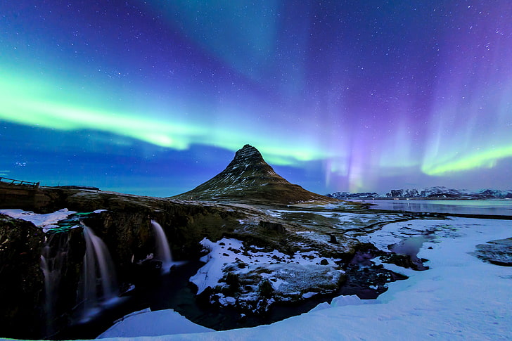 aurora borealis, snow, cold temperature, night, mountain, winter, HD wallpaper