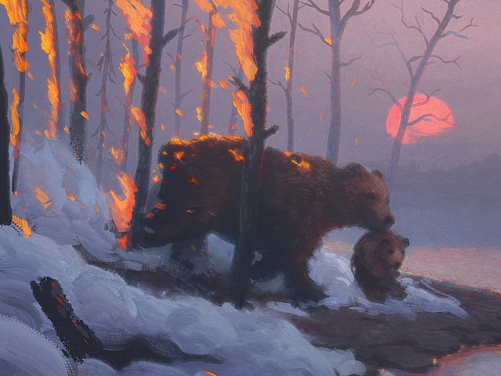 Sylar, painting, artwork, forest, snow, fire, embers, sunrise, HD wallpaper