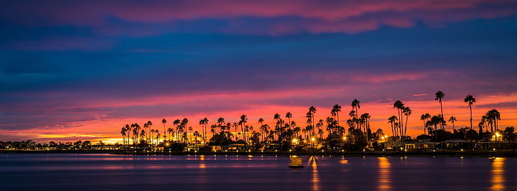 San Diego Sunset, tropical trees, United States, California, Blue, HD wallpaper