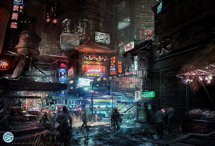 cyberpunk, digital art, science fiction, futuristic city, Asian architecture