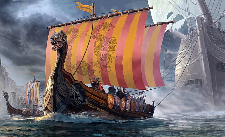 drawing, fantasy art, boat, war, Vikings, drakkar, HD wallpaper
