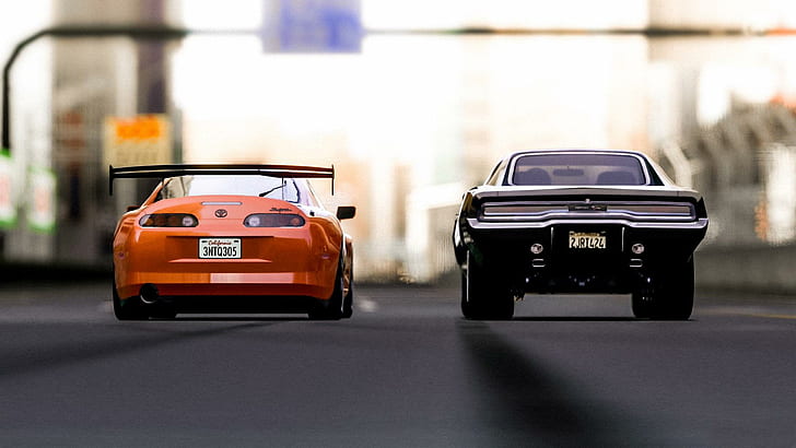 Toyota Supra and Ford Gran Turismo 5, orange sport car and black muscle car