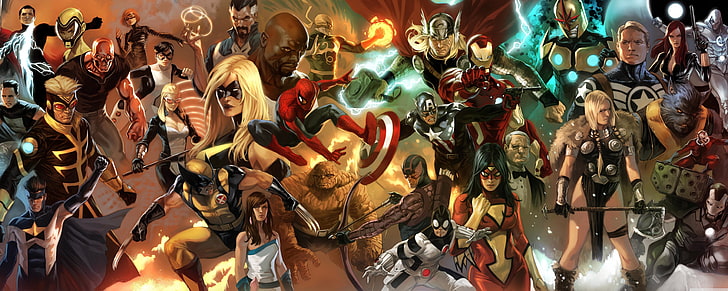 Superheroes illustration, Marvel Comics, Iron Man, Spider-Man