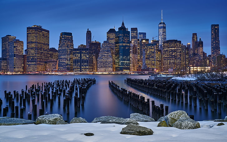 Manhattan View, blue, city, citylights, cityscape, darkblue, dusk, HD wallpaper