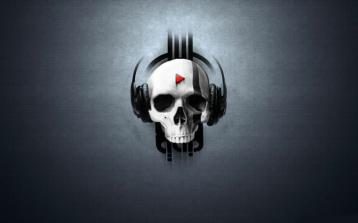 Artistic HD, white skull using headphones logo, music