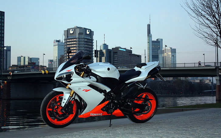 white and orange sports bike, yamaha, r1, side view, city, motorcycle