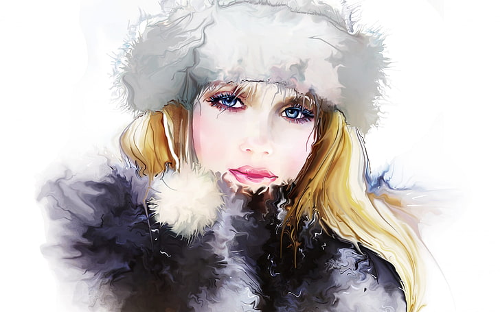 watercolor, painting, artwork, portrait, one person, winter
