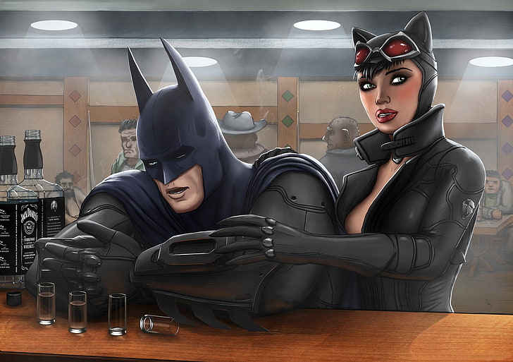 DC Batman and Catwoman wallpaper, bar, drunk, fan art, Selina Kyle, HD wallpaper