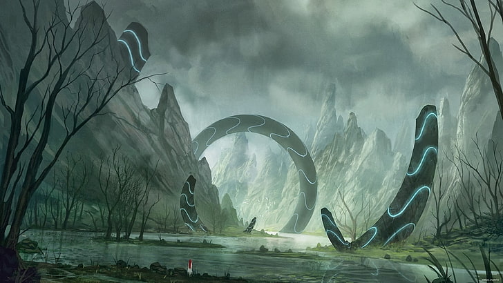 portal on river digital wallpaper, fantasy art, artwork, tree
