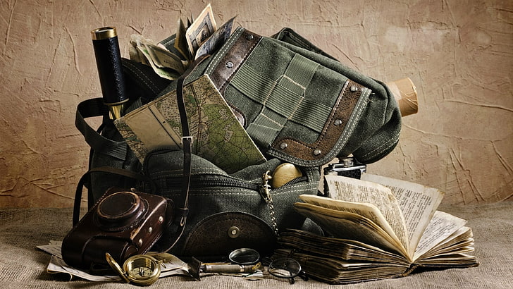 green duffel bag, adventurers, map, backpacks, books, old, indoors, HD wallpaper