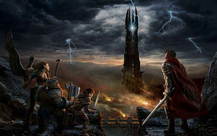 Lord of the Rings wallpaper, weapons, bird, zipper, tower, sword