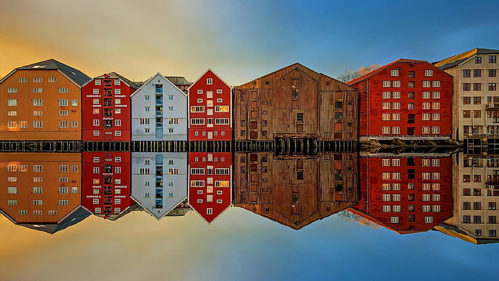 reflection, building, Trondheim, river, architecture, building exterior, HD wallpaper