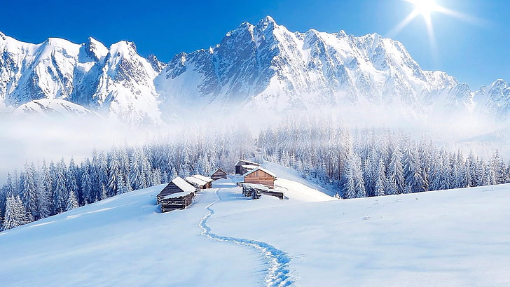 hill station, blue sky, hoarfrost, snowy, log cabin, village