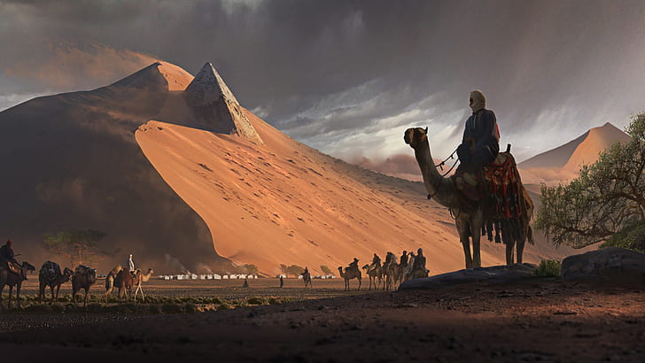Fantasy, Landscape, Camel, Caravan, Desert, Dune, Sand