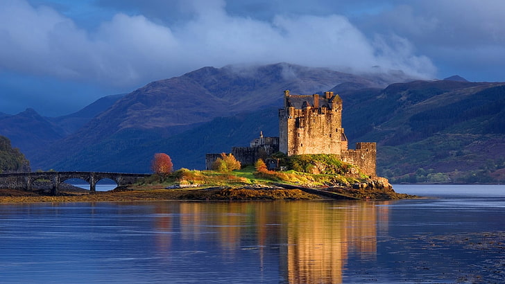 brown castle, Scotland, UK, Eilean Donan, lake, mountains, bridge, HD wallpaper